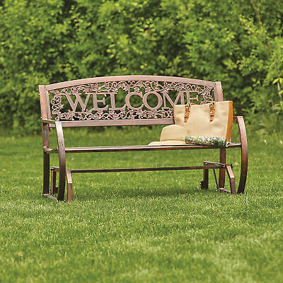 Welcome Outdoor Steel Glider Bench Patio Backyard Seating Rustic Brown 4-ft