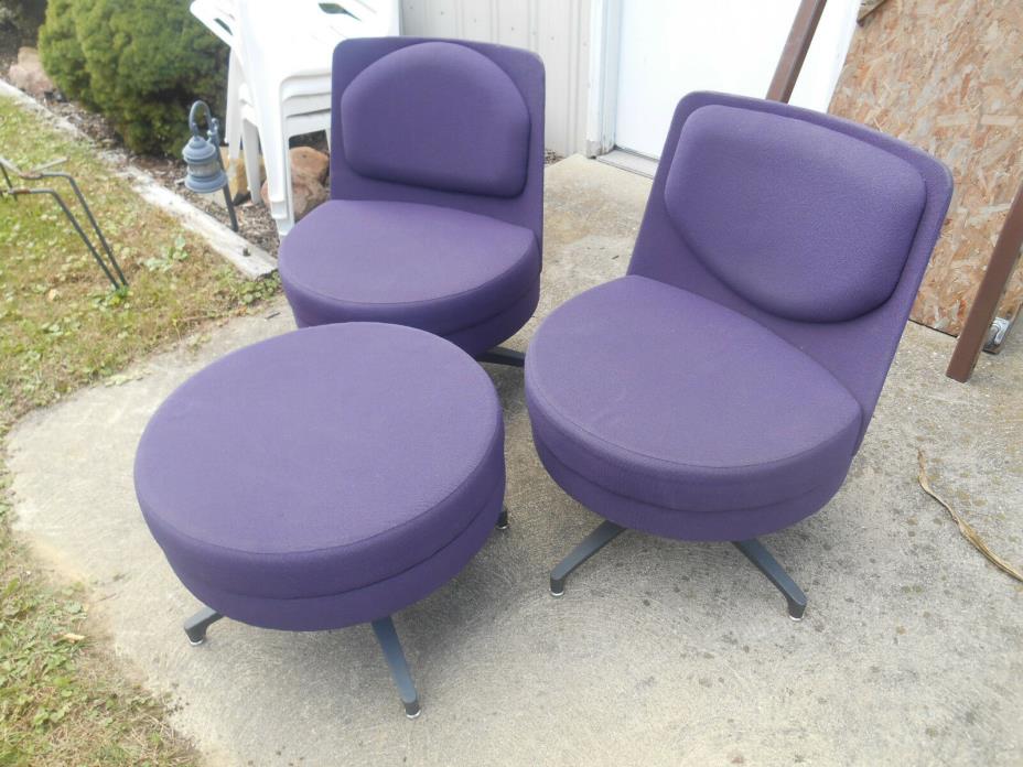 Set of Two Plum Steelcase Coalesse Topo Guest Swivel Lounge Chairs w Ottoman