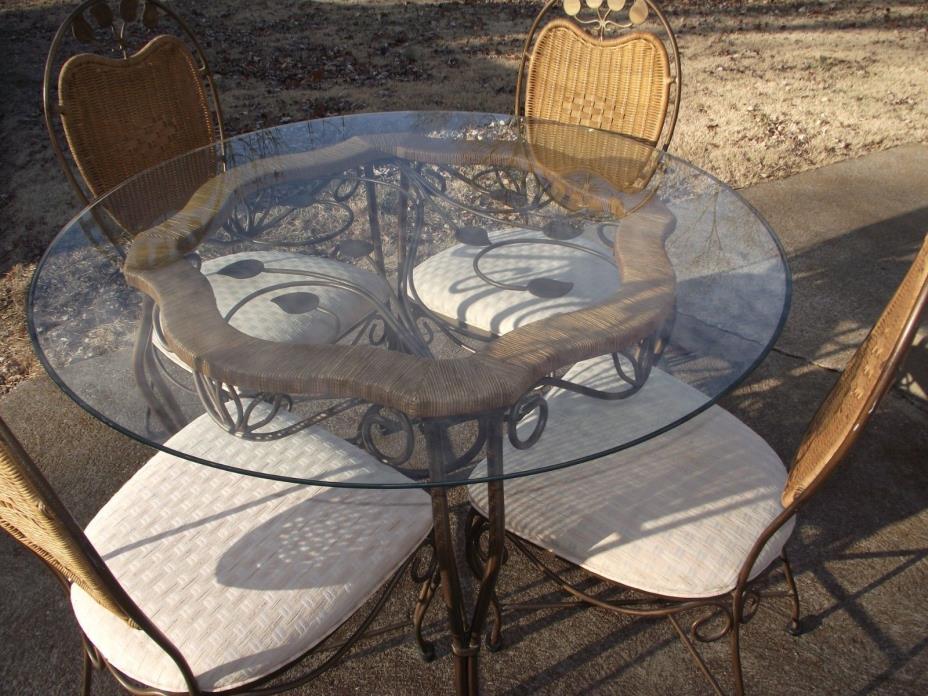 Rattan & leaf vine metal with round glass top kitchen dining table 4 chairs