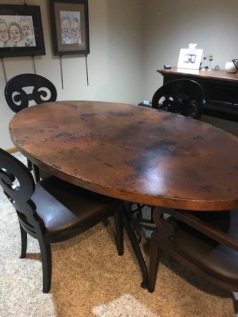 Arhaus Copper Dining Table, 6 Chairs, Matching Copper Top Hutch