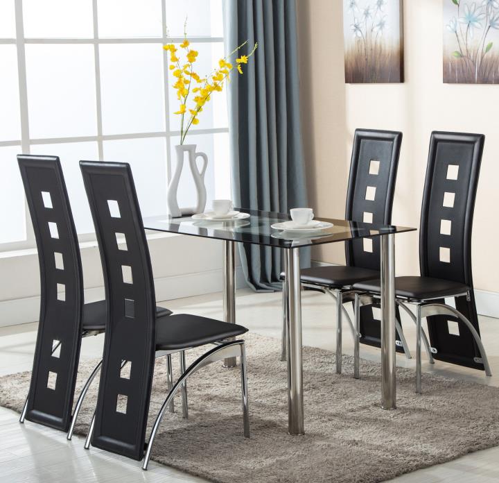 5 Piece Glass Dining Table Set 4 Leather Chairs Kitchen Room Breakfast Furniture