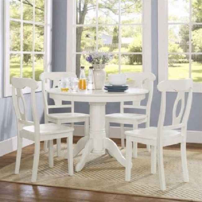 Dining Room Set Kitchen Farmhouse Table Round Pedestal Chairs White 5 Pc Wood