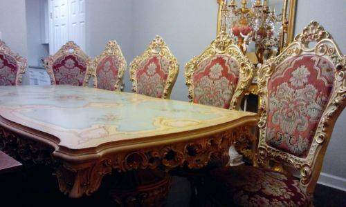 Vintage Rococo Ornate Long Dining Room Table & 7 Pink Gray Off-White Chairs Set