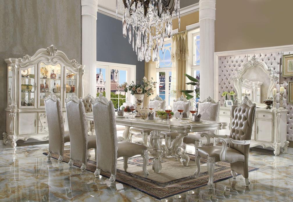 Traditional Ivory White Finish Dining Room Set 9pcs Rectangular Table Chairs ACD
