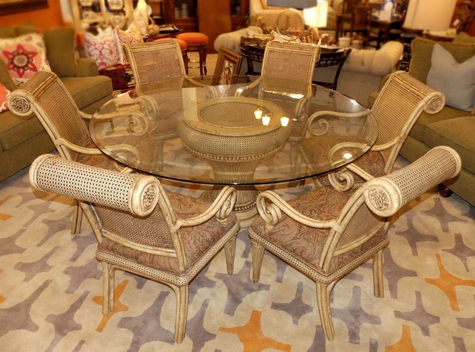 1439-201P: Glass Top Pedestal Dining Table plus 8 Arm Chairs with Caned Details