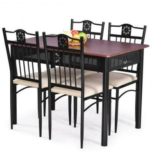 Stylish Indoor Dining Set 5 Pcs Wood Metal Table And Cushioned Chairs Furniture