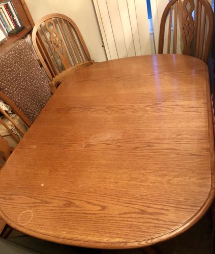 Solid Oak Dining Room Table Set 6 chairs 2 with Arms with 2 Leaf Extensions