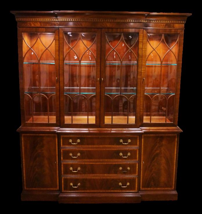 Ethan Allen Bubble Glass Banded Inlay Breakfront China Cabinet