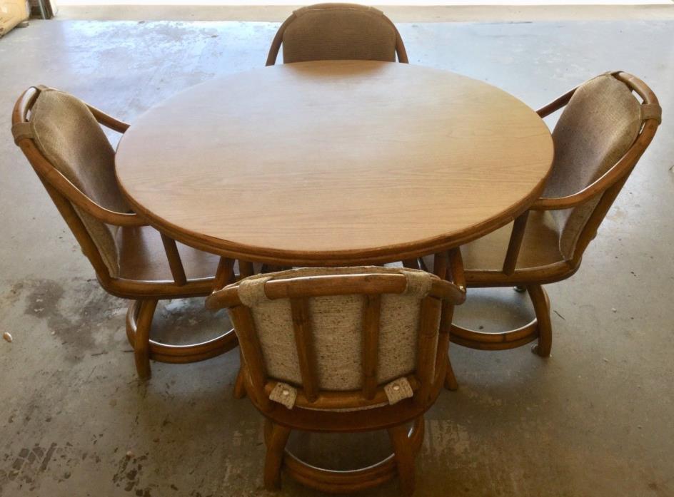 Vintage 48” Round RATTAN Dining Table + 4 Chairs