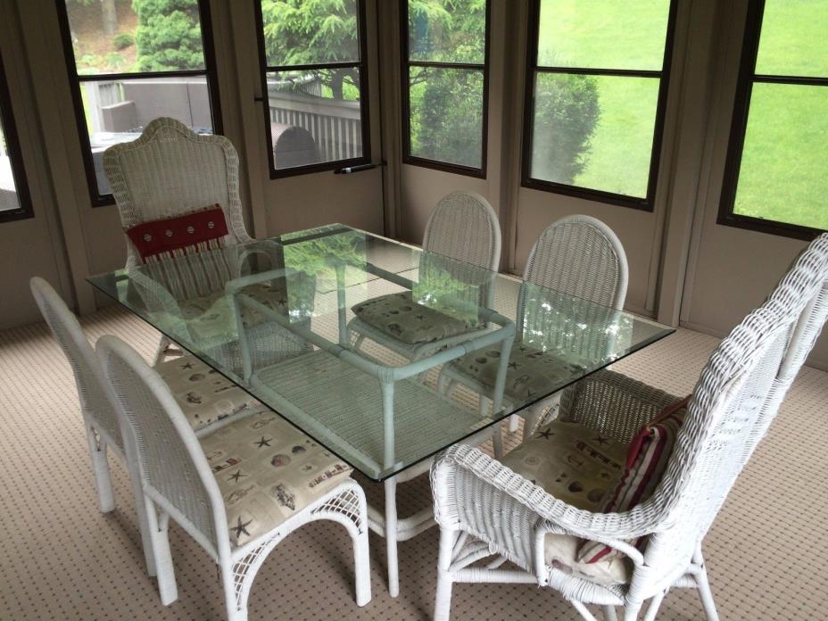 Indoor Wicker Dining Set  (White) Glass Table, 6 Chairs, 2 Rockers, 1 End Table