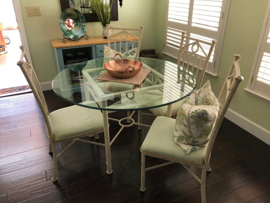 Glass Top Dinette Set with Wrought Iron Newly Upholstered Chairs.