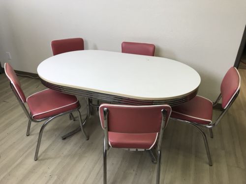 Vintage Coaster Style Oval Dining Table and 5 Pink Chairs Set Retro 1950's