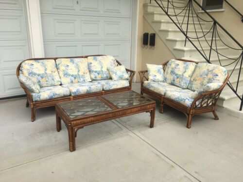 Beautiful Mid Century Cane / Bamboo / Rattan Indoor/Outdoor Furniture With Table