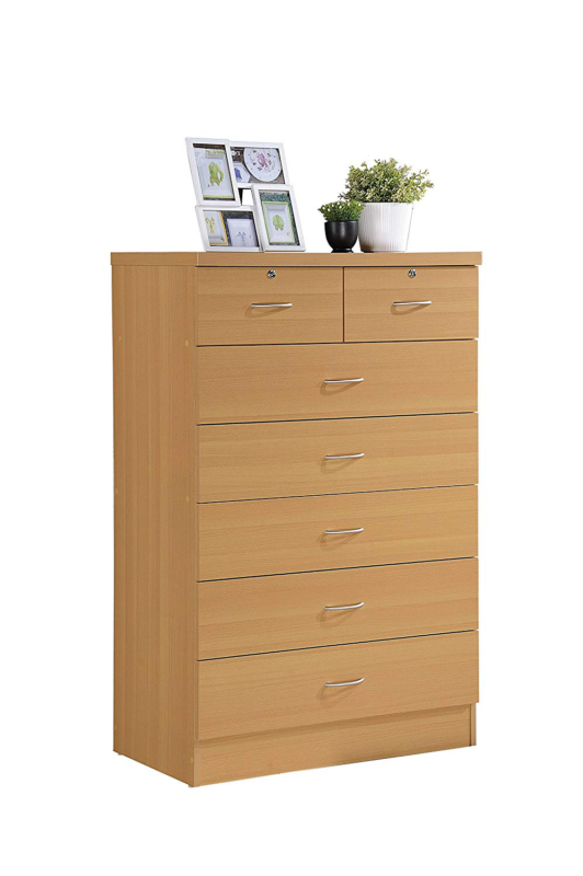 Hodedah 7 Drawer Chest, Five Large Drawers, Two Smaller with Locks, Beech