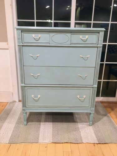 Mid Century Tall Dresser in A Soft Cottage Blue with White Pulls
