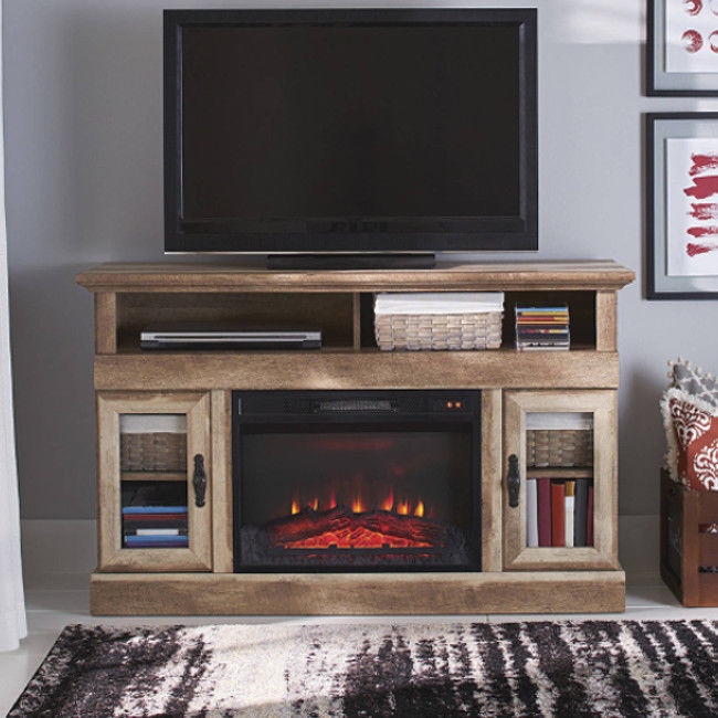 Media Fireplace TV Stand Electric Rustic Weathered Distressed Barnwood Finish
