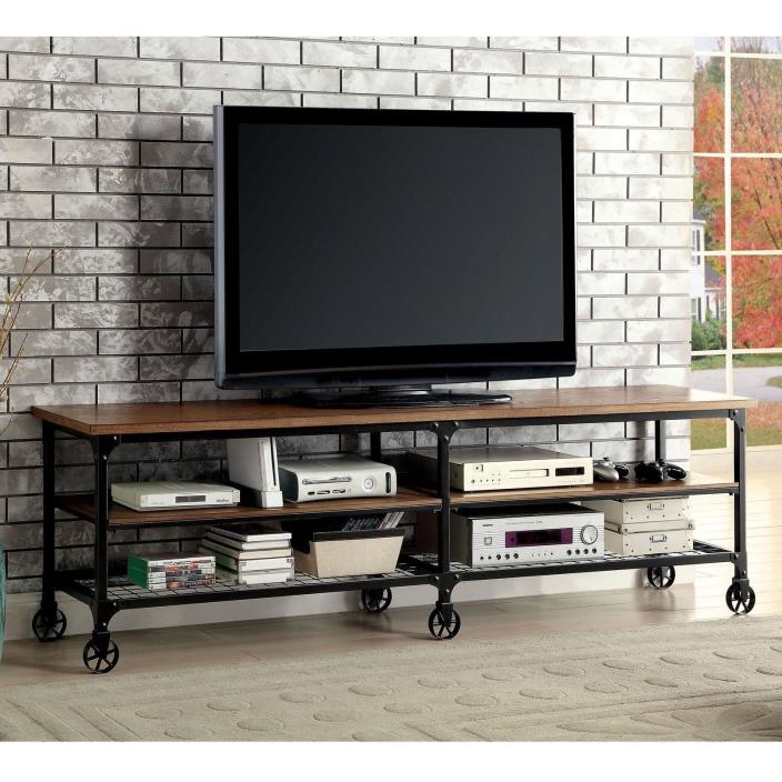 Industrial Wood Metal Frame 3 Shelf Media Center TV Stand -MEDIUM OAK FINISH-72