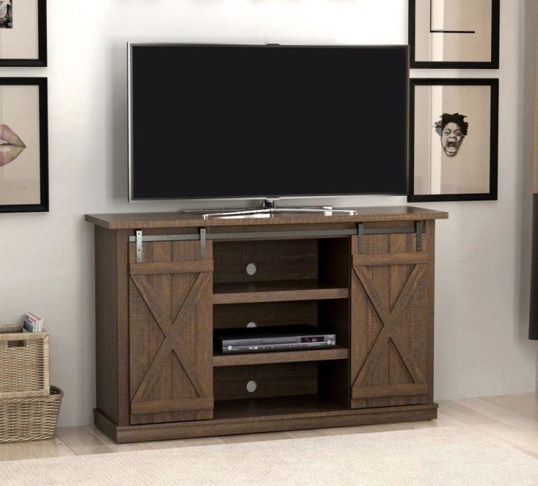 Brown Rustic Sliding Barn Door TV Stand Farmhouse Media Console Table Cabinet