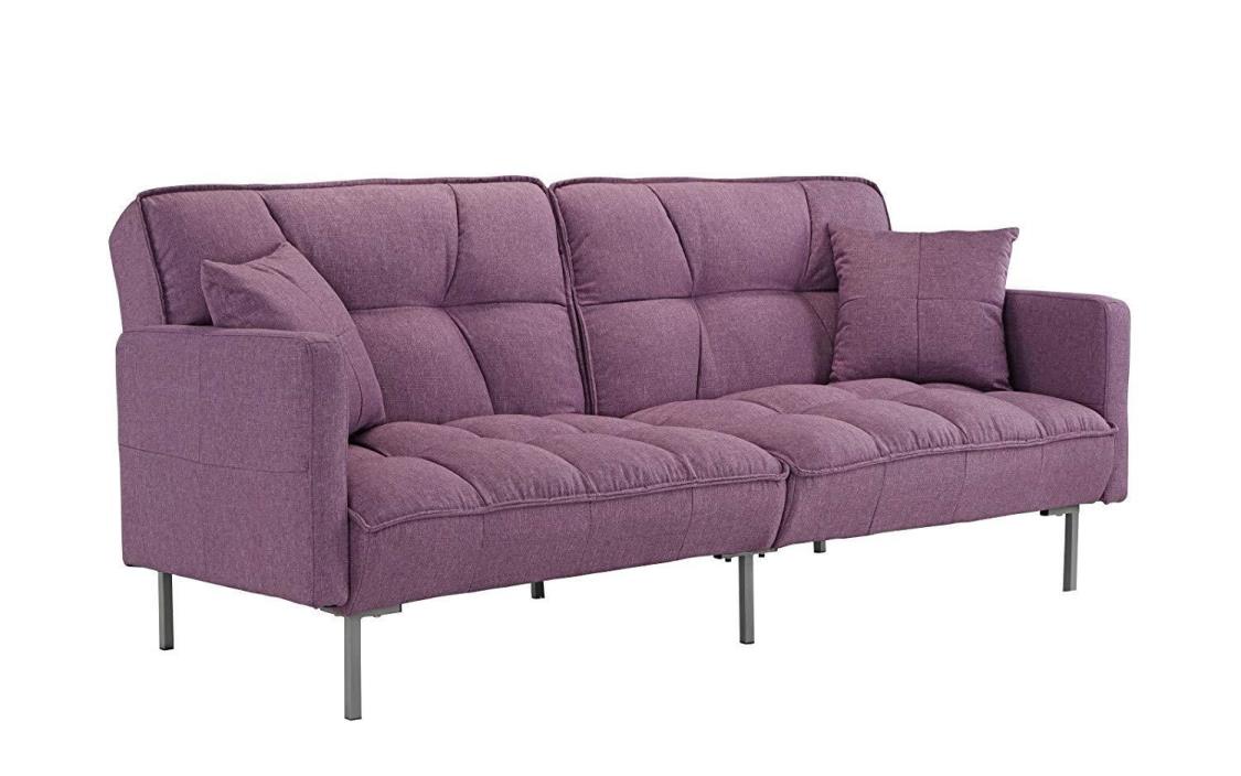 Modern Plush Tufted Linen Splitback Futon Purple Sleeper Dorm Room Furniture New