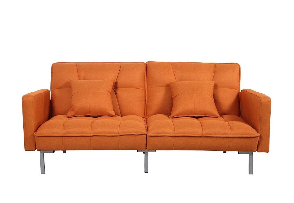 Modern Plush Tufted Linen Splitback Futon Orange Sleeper Dorm Room Furniture New