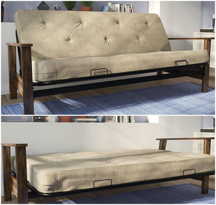Comfortable Linen Sofa Sleeper Full Size Bed Metal Frame 6 Inch Coil Mattress