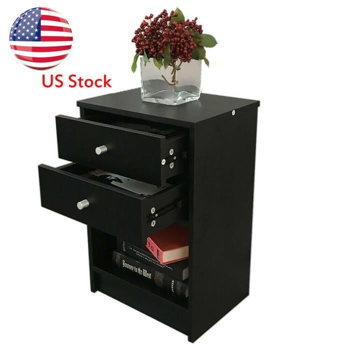 US 40 x30 x 60cm Round Handle Night Stand w/Two Drawer Home Room Furniture Black