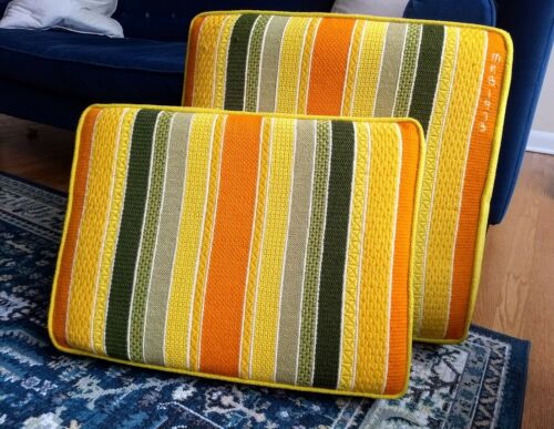 Set of 2 Vintage Chair Cushions Retro 70's ~ MCM Patio Floor Pillows Mid Century