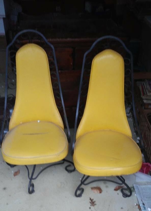vintage 1970s wrought iron / vinyl kitchen chairs (2) yellow black