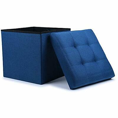 WoneNice Folding Storage Ottoman Cube Foot Rest Stool Seat (Linen Navy) Kitchen