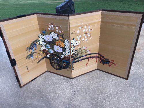 Japanese (Byobu) 4-Panel (Signed) Vintage Folding Screen Flower Cart Painting
