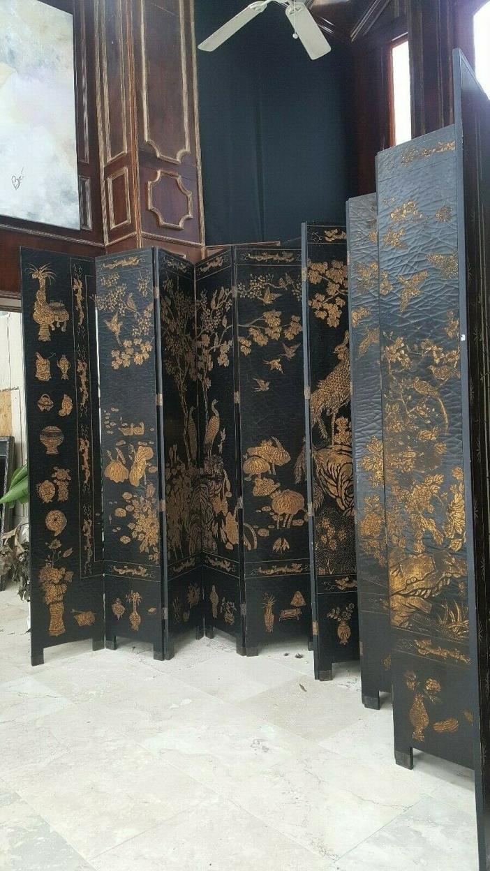 VINTAGE 9 ft TALL CHINESE CARVED SCREEN BLACK LACQUER w/ GOLD LEAF SOLID WOOD