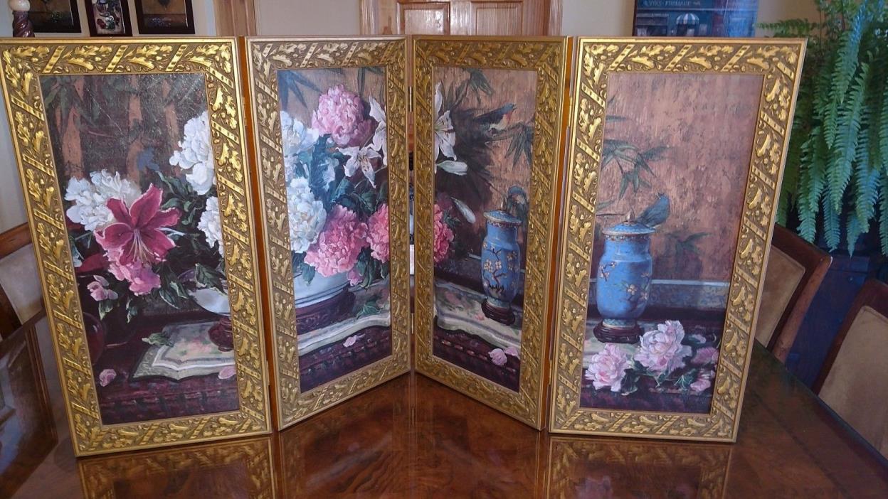 4 Section Decorative Screen Divider Hinged Flowers Vases Each Section 11