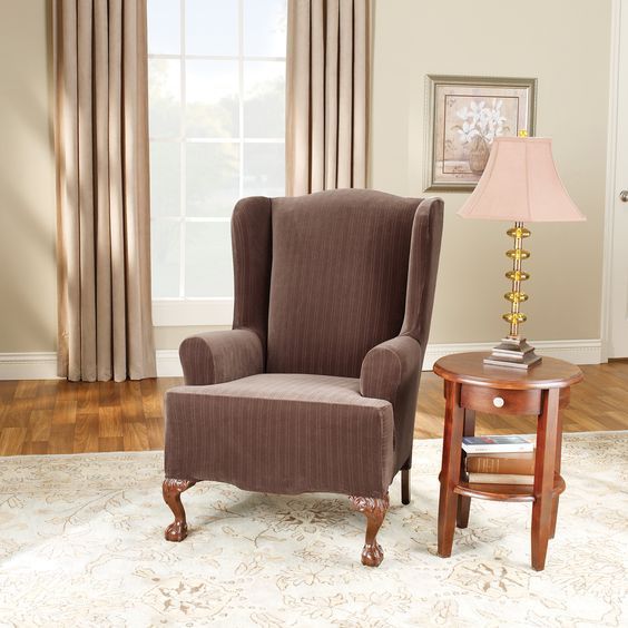 NEW! Sure Fit Stretch Pinstripe Wing Chair Slipcover - Chocolate Brown (SF37386)