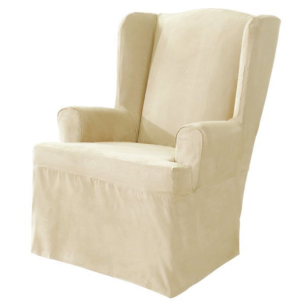 NEW Sure Fit Soft Suede T-Cushion Wing Chair Slipcover, Cream Ivory