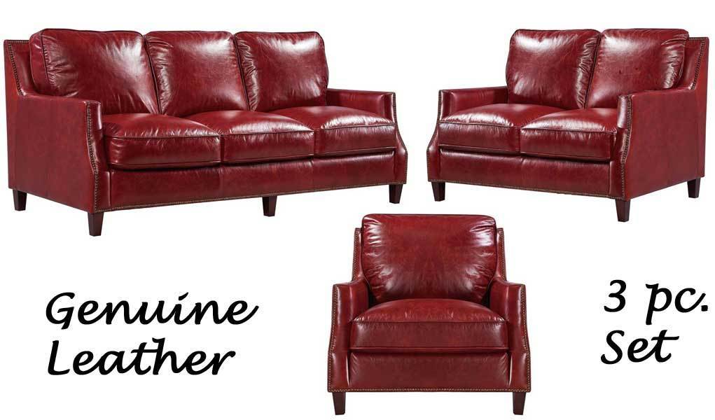 3 Piece Traditional Red Genuine Leather Sofa, Loveseat & Chair - Nailhead Trim