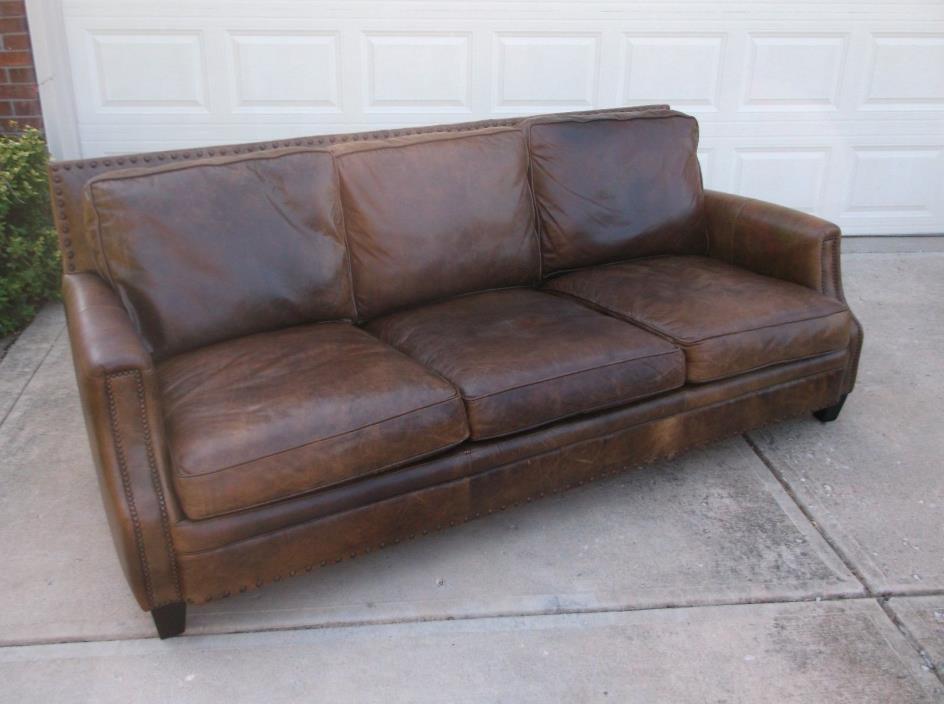 Bernhardt 'Clairmount' Brown Distress Leather Sofa 86
