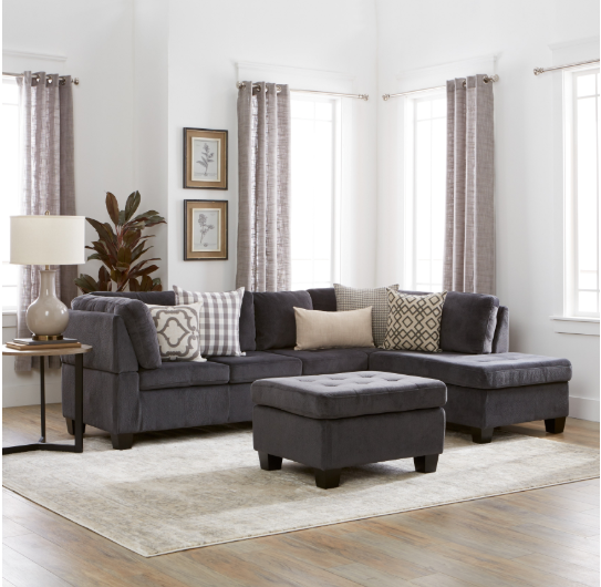 Canterbury Sectional Sofa Set 3-Piece Charcoal Grey Fabric Couch Chaise Ottoman