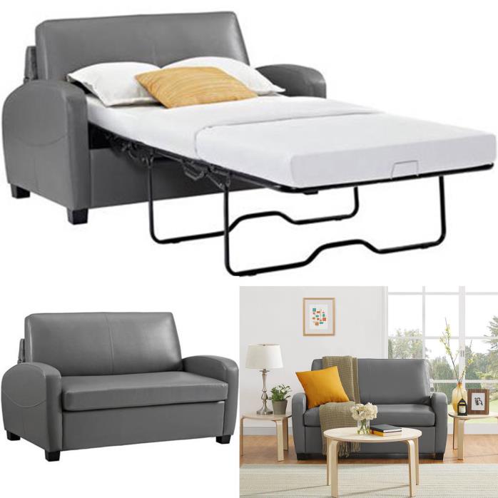 Sofa Sleeper Pull-Out Twin Size Mattress Loveseat Bed Couch Seating Guest Grey
