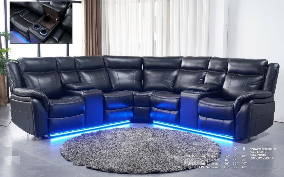 Power Reclining Motion Sectional Sofa set in Black Console Loveseat Corner Couch