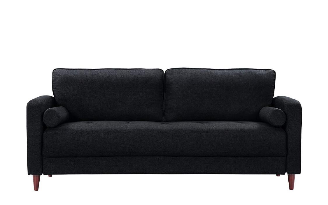 Mid Century Modern Linen Fabric Sofa Black Couch Memory Foam Wooden Legs Classic