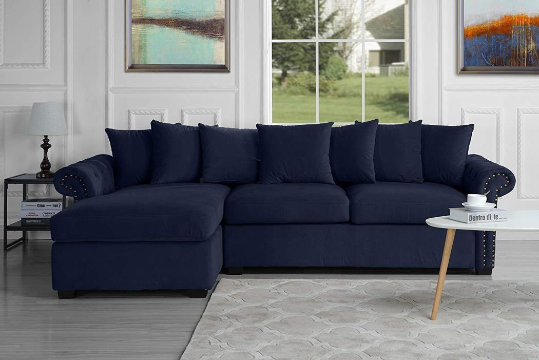 Tufted Velvet Sectional Sofa Navy Blue Modern Large Scroll Arm L-Shape Couch New
