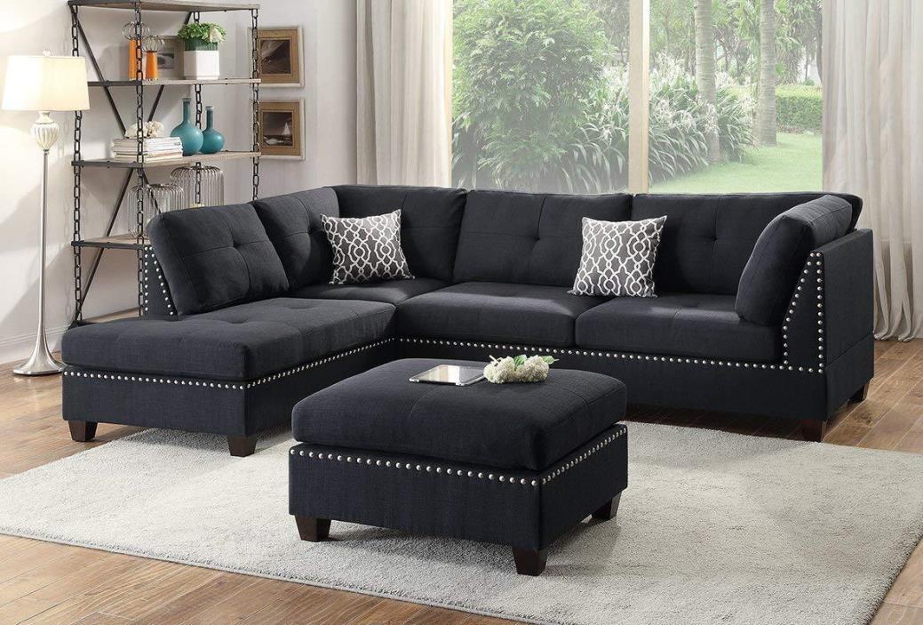 Black Sectional Sofa Set w/ Chaise & Ottoman Couch Tufted Nailhead Modern Room