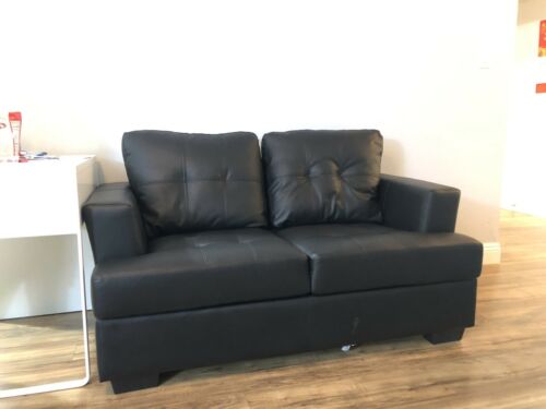 Contemporary Modern Black Bonded Leather Loveseat Living Room