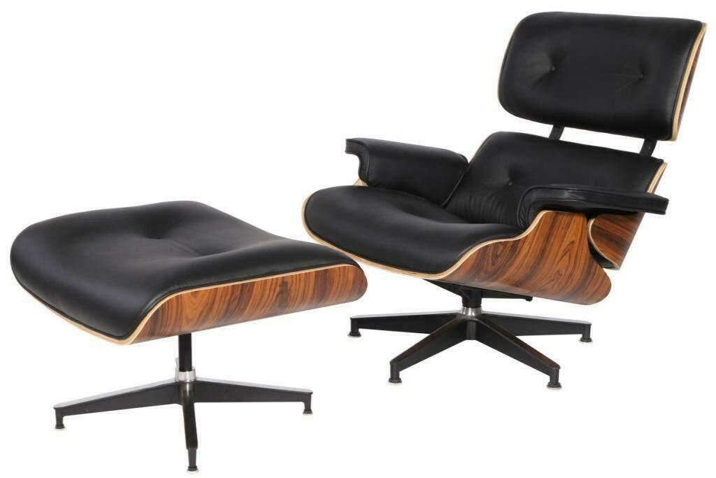 Mid-Century Lounge Chair & Ottoman Eames Replica Real Premium Leather (BLACK)