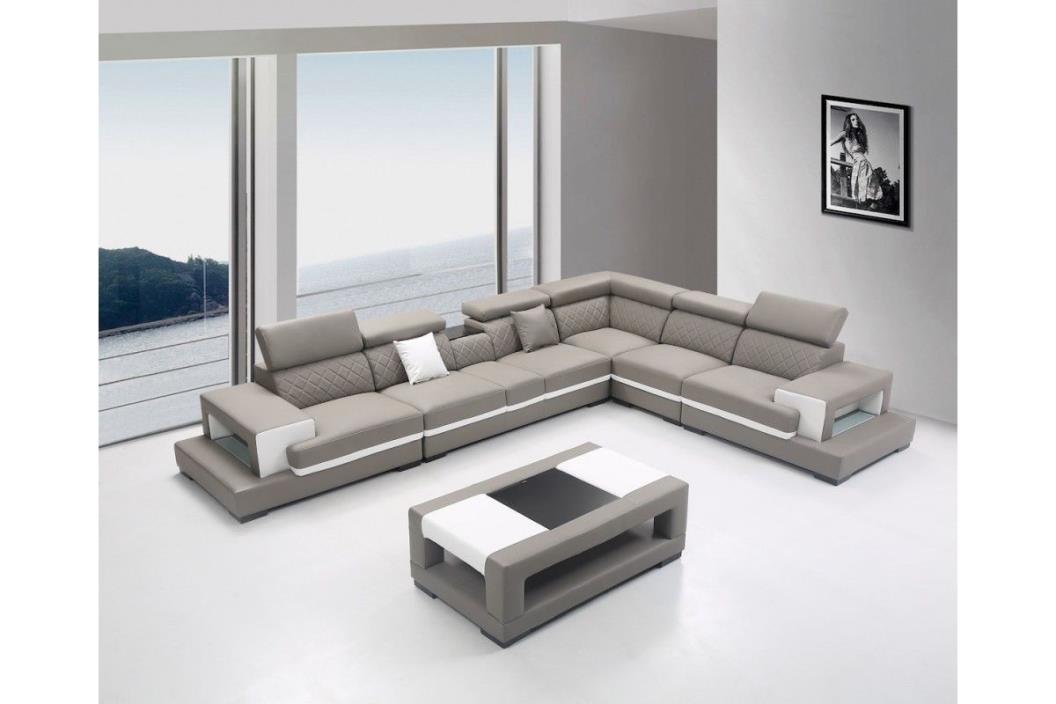 Bernal Sofa Sectional in 2-Tone Leather w/ Coffee Table Modern Style