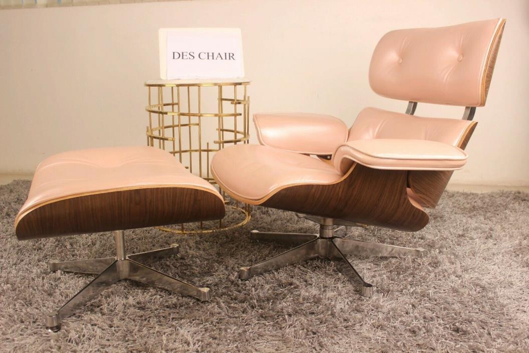 Mid-Century Lounge Chair & Ottoman Eames Replica Real Premium Leather (PINK)
