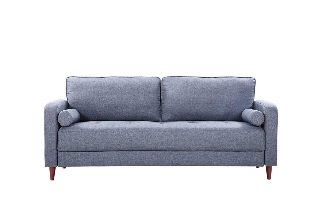 Mid-century Modern Linen Fabric Sofa Blue Couch Firm Memory Foam Wooden Leg New