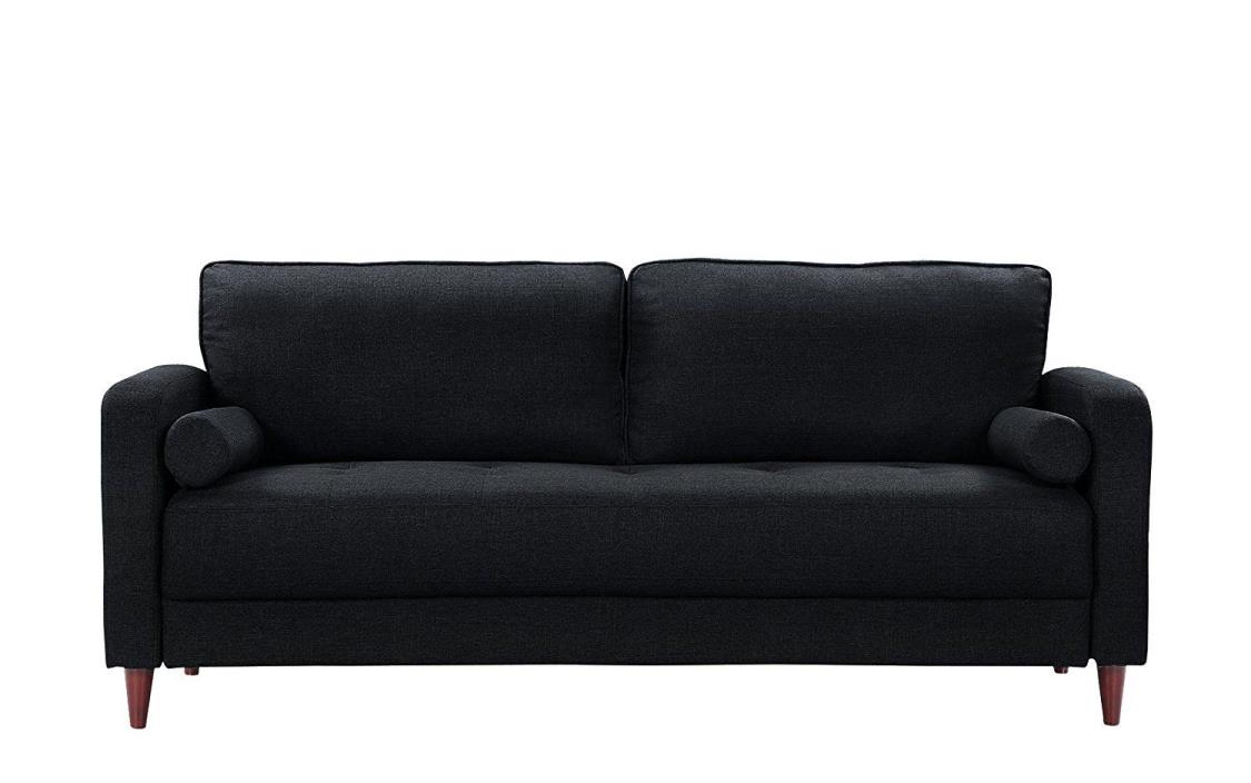Mid-century Modern Linen Fabric Sofa Black Couch Firm Memory Foam Wooden Legs