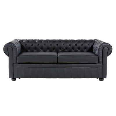 Traditional Style Genuine Leather Sofa Black Tufted 3-Seater Chesterfield