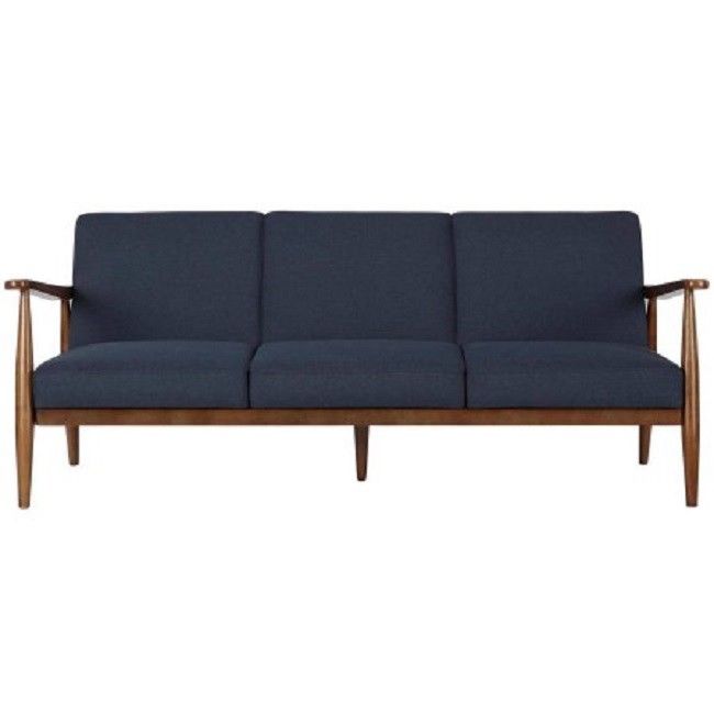 Futon Mid Century, Blue, Solid Wood Arms and Frame, Pecan, Converts to Sleeper